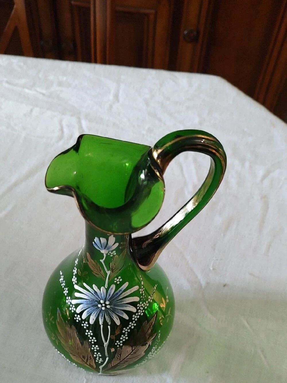 Hand-Painted Dark Green Floral Glass Pitcher Vase